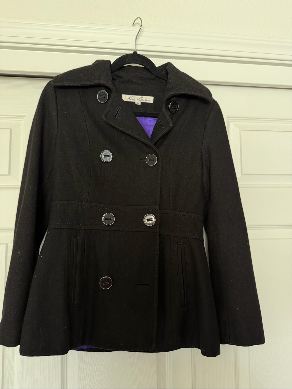 Kenneth Cole Black Double-Breasted Peacoat with Purple Lining